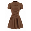 Plaid Stand Collar Puff Sleeve Tie - Cider Shop