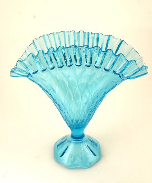 Blue Fan Vase With Crimped Edge