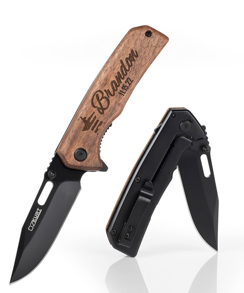 Engraved Walnut Wood Pocket Knife