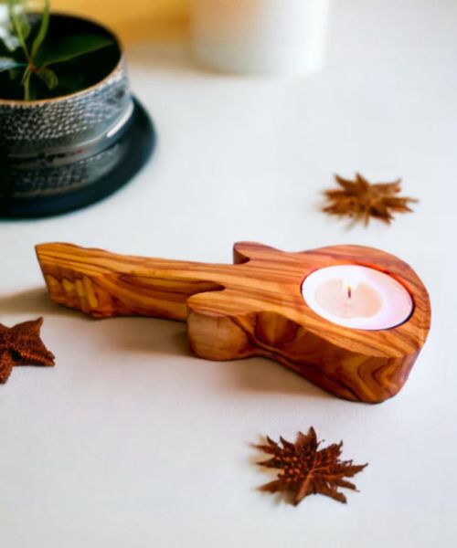 Olive Wood Guitar Shape Candle Holder